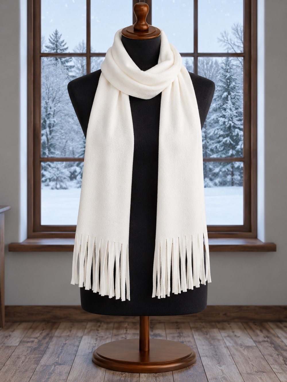 Jessica Ivory White Textured Scarf with Long Fringe – Soft & Cozy